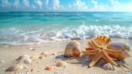 sunny tropical beach with turquoise ocean summer vacation background sea shells and starfish on the beach with.photo illustration