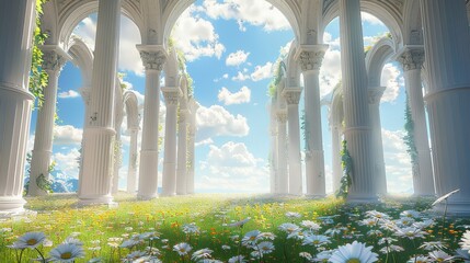 A large open space with grass and wildflowers, with many white columns surrounding it, the sky is blue and clouds, the building in front has an arched roof, marble pillars and arches. Generative AI.