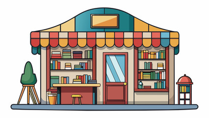 Sticker - A bookshop with floortoceiling shelves lovingly stocked with a variety of genres. A cozy reading nook in the corner of the store entices customers to. Cartoon Vector