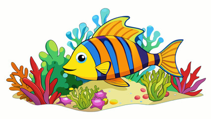 Aufkleber - A brightly colored fish with bold stripes and a pointy snout swimming playfully in a coral reef surrounded by an abundance of colorful sea plants.. Cartoon Vector