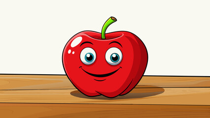 Poster - A bright red apple sat atop a wooden desk its smooth skin reflecting the sunlight streaming through the window.. Cartoon Vector