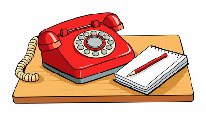 Aufkleber - A bright red rotary phone sitting on a sy wooden desk. The cord coils down to the floor and the receiver rests on top of a simple white notepad. Each. Cartoon Vector