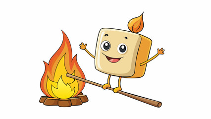 Poster - A burning marshmallow on a stick over a campfire slowly turning golden brown as it heats up. The fire is controlled and contained yet still capable of. Cartoon Vector