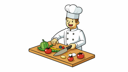 Poster - A chef meticulously chopping vegetables on a ting board with all the pieces uniformly sized and neatly arranged.. Cartoon Vector