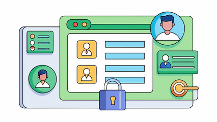 Fototapete - Access to an online account A username and password are required to access the account. The website is secure with a green lock symbol in the browser. Cartoon Vector