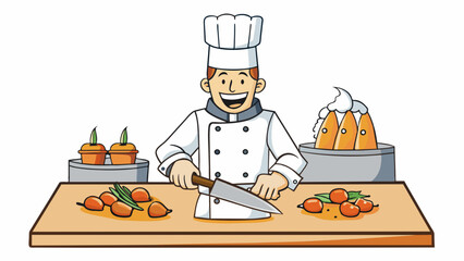 Aufkleber - A chef practicing their knife skills in a commercial kitchen their hands moving swiftly and confidently as they slice and dice carrots on a large. Cartoon Vector