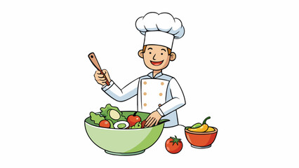 Aufkleber - A chef preparing a salad by tossing together crisp lettuce juicy tomatoes and crunchy cucumbers in a large mixing bowl. Each ingredient retains its. Cartoon Vector