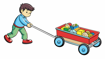 Poster - A child pulling a wagon full of toys struggling to move it across a bumpy sidewalk. The wagon is made of plastic and has a handle for the child to. Cartoon Vector
