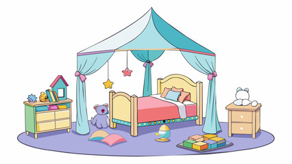 Poster - A childs bedroom A sweet canopy bed sits in the center of the room surrounded by stuffed animals in every shape and size. Brightly colored toys cover. Cartoon Vector