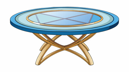 Fototapete - A circular table with a glass top supported by a metal frame that forms a geometric design. The base of the table is a pedestal with curved legs. Cartoon Vector