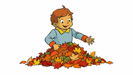 Poster - A child running their hands through a pile of colorful autumn leaves feeling the crisp and crunchy texture of the dry leaves against their fingertips.. Cartoon Vector