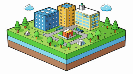 Aufkleber - A city block This block is a section of a city bounded by streets often filled with buildings parks and businesses. It can vary in size and shape. Cartoon Vector