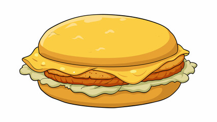 Sticker - A classic breakfast sandwich with fluffy scrambled eggs melted cheddar cheese and a golden toasted English muffin. The eggs are light and fluffy with. Cartoon Vector