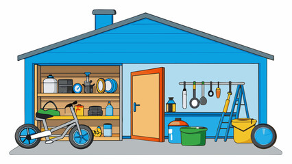 Poster - A cluttered garage filled with tools and lawn equipment. The metal shelves are lined with dusty cans of paint and jars of nails. In one corner stands. Cartoon Vector