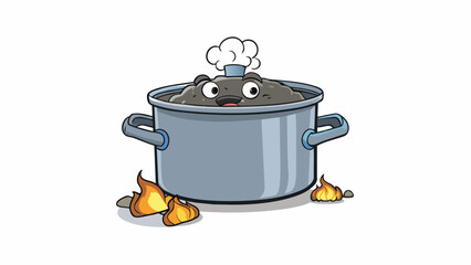 Poster - A cooking pot with burnt food stuck to the bottom making it hard to clean and causing a lingering smell in the kitchen.. Cartoon Vector