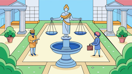 Poster - A courtyard with a stone fountain in the center surrounded by blooming gardens and benches where people sit and discuss their cases watched over by a. Cartoon Vector