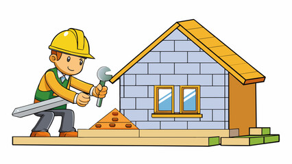 Aufkleber - A construction worker building a new house as part of the construction sector of the economy. The house has a foundation walls and a roof in place and. Cartoon Vector