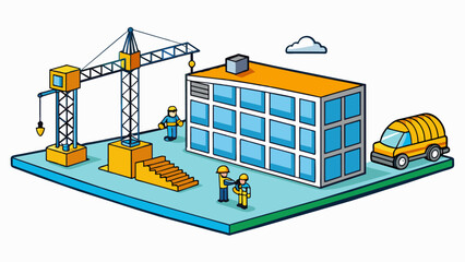 Aufkleber - A construction site with a new building being erected. At first it is just a simple frame but as time goes by the walls windows and doors are added. Cartoon Vector
