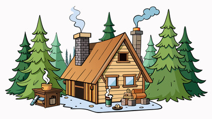 Wall Mural - A cozy rustic cabin nestled in a forest of towering pine trees. The smell of woodsmoke lingers in the air and a crackling fireplace warms the small. Cartoon Vector