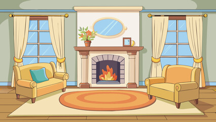 Aufkleber - A cozy living room is illuminated by a warm crackling fireplace. The walls are painted a soft cream color with patterned curtains framing the large. Cartoon Vector