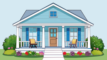Aufkleber - A cozy house with a welcoming front porch adorned with white wooden rocking chairs. The exterior is made of light blue siding with a white picket. Cartoon Vector