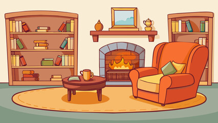 Poster - A cozy living room with a crackling fireplace a soft plush couch and shelves lined with books. The room is filled with warm golden light and the smell. Cartoon Vector