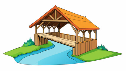 Poster - A covered wooden bridge with a sloping roof and open sides crossing a picturesque stream. The bridge is supported by wooden beams and features. Cartoon Vector