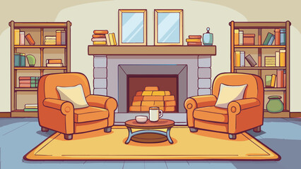 Poster - A cozy living room Soft plush cushions line a comfy couch inviting you to sink in and relax. A warm crackling fire dances in the fireplace casting a. Cartoon Vector