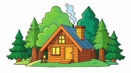 Poster - A cozy cabin nestled in a lush green forest with a crackling fire and warm candlelight flickering in the windows.. Cartoon Vector