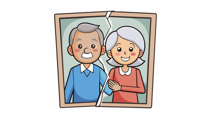 Poster - A cracked and faded photograph of a young couple now aged and dwindled but still holding hands and smiling at each other showing the enduring bond of. Cartoon Vector