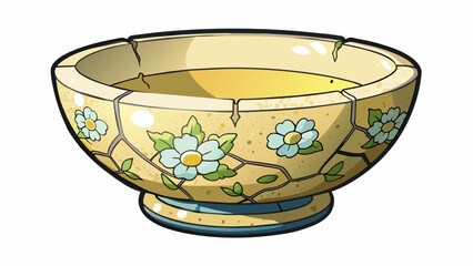 Poster - A cracked ceramic bowl with chipped edges and a faded floral design.. Cartoon Vector