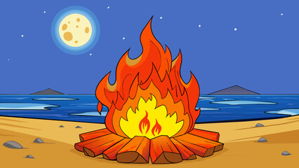 Poster - A crackling bonfire on a moonlit beach casting vibrant red and orange hues into the night sky. The flames dance and flicker emitting intense heat and. Cartoon Vector