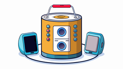 Fototapete - A cylindrical device with a large speaker on top and buttons for volume and playback control. It is designed for listening to music and has a sleek. Cartoon Vector