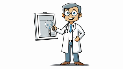 Poster - A doctor in their white lab coat carefully examining an xray film as they stand in front of a lightbox. Their stethoscope is dd around their neck and. Cartoon Vector