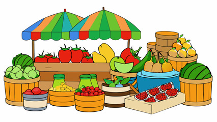 Poster - A farmers market is bustling with activity overflowing with vibrant fruits and vegetables that are in season. Juicy watermelons plump berries and. Cartoon Vector