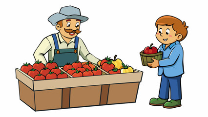 Poster - A farmer selling a basket of freshly picked apples at the local market. The apples are all different sizes and colors each with a distinct sweet. Cartoon Vector