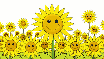 Fototapete - A field bursting with bright yellow sunflowers their faces eagerly turned towards the sun as it moves across the sky. The tall sy stems and large. Cartoon Vector