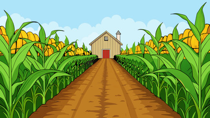 Fototapete - A field of neatly planted corn its tall stalks standing in uniform rows with vibrant green leaves and golden ears of corn peeking out. The field is. Cartoon Vector