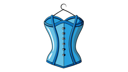 Poster - A faded blue corset hanging on a hook on the back of a bedroom door. Its boning is visible creating a structured hourglass shape and the laces are. Cartoon Vector