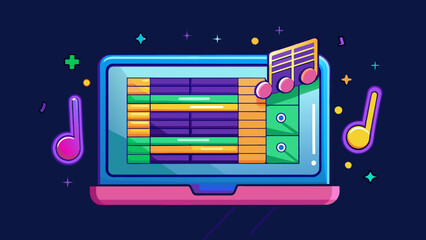 Poster - A digital score glowed brightly on the computer screen its notes and staves lit up in vibrant colors against a dark background. The interactive. Cartoon Vector