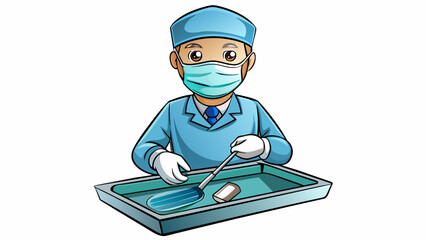 Poster - A doctor wearing a face mask and gloves skillfully performing with a set of shiny stainless steel surgical instruments laid out on a sterile tray next. Cartoon Vector