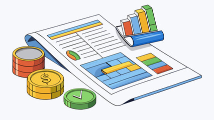 Aufkleber - A financial account statement with a table showing the date description and amount of each transaction. It also includes a section for current balance. Cartoon Vector