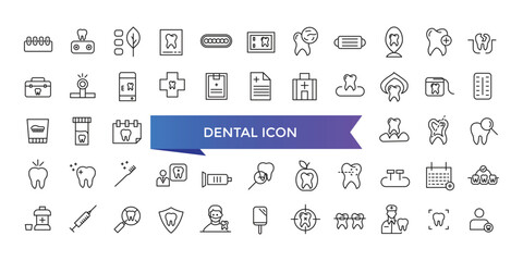 Wall Mural - Dental icon collection. Related to tooth, dentist, toothpaste, toothbrush, teeth, implant and dentistry icons. Line icon set.