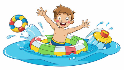 Poster - A giggly kid splashing around in a pool surrounded by colorful floating tubes and toys. They are wearing a pair of inflatable armbands and a big smile. Cartoon Vector