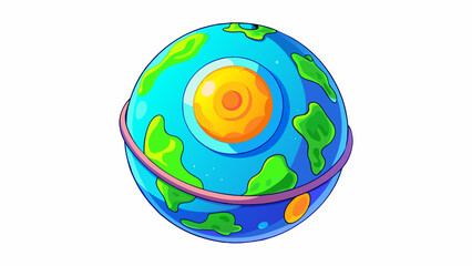 Poster - A glowing orb covered in bright green and blue lights with patches of swirling orange and purple. Oddshaped land masses jut out from its surface. Cartoon Vector