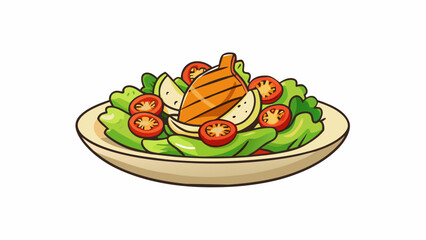 Fototapete - A grilled chicken salad featuring crisp lettuce juicy cherry tomatoes and creamy avocado slices. The chicken is perfectly charred with grill marks and. Cartoon Vector
