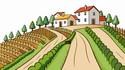 Poster - A gentle slope of land covered in rows of vineyards and dotted with quaint stone cottages. The air is crisp and the soil is fertile creating the. Cartoon Vector