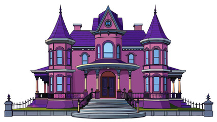 Poster - A grand Victorian house with a large front yard and a wrought iron gate leading to the front door. The exterior is painted a deep purple and there are. Cartoon Vector