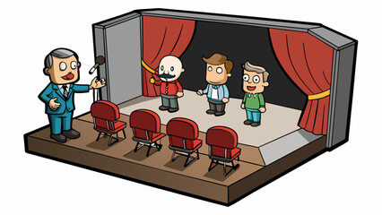 Sticker - A group of actors rehearsing a scene in a small black box theater their voices projecting and emotions raw as they work on perfecting their. Cartoon Vector