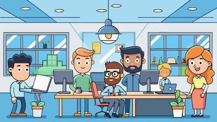 Aufkleber - A group of enthusiastic motivated employees working together in a modern spacious office. They are equipped with the latest technology and tools to. Cartoon Vector